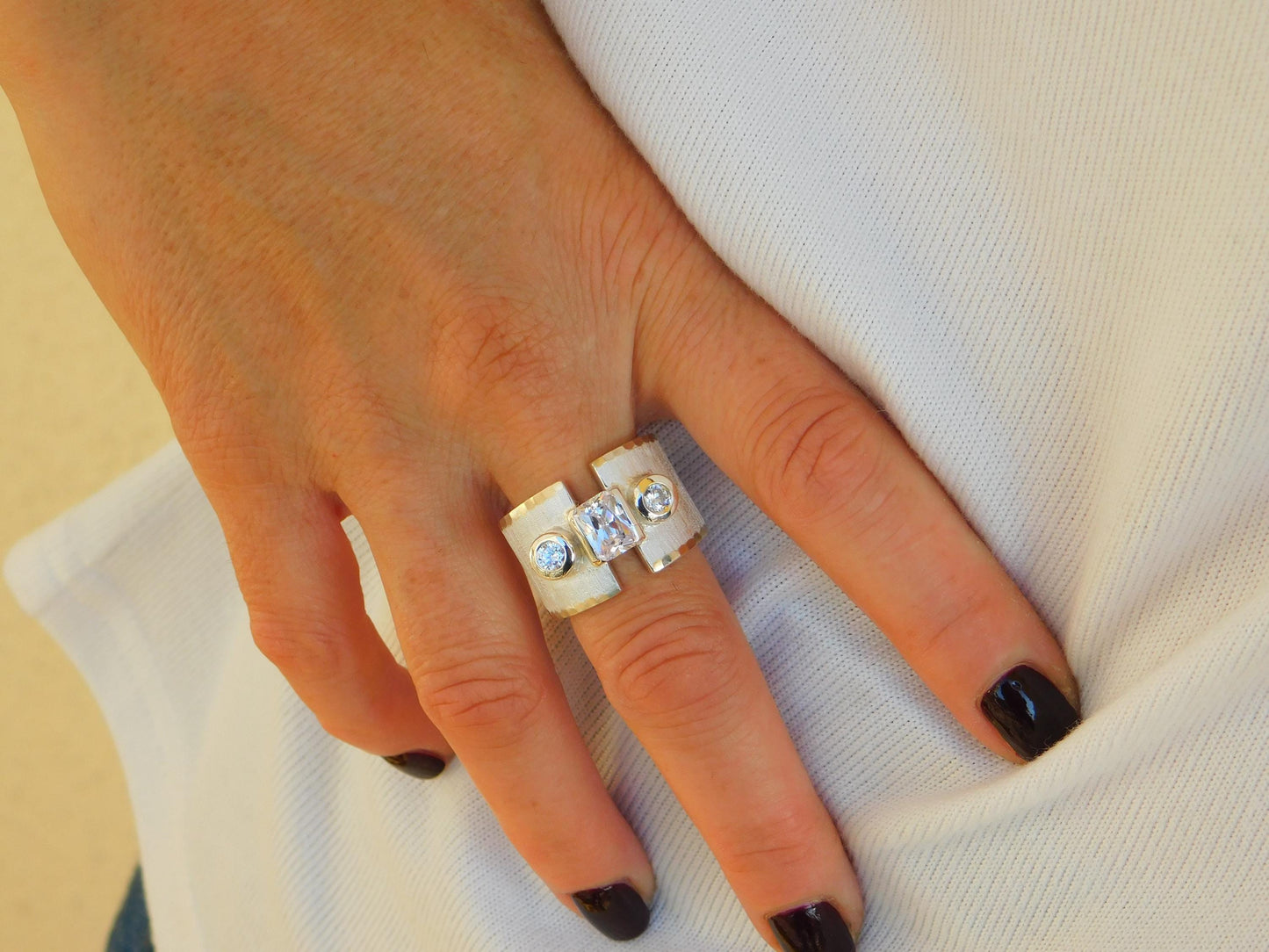 Wide statement ring, Silver multi-stone ring, Ancient greek design