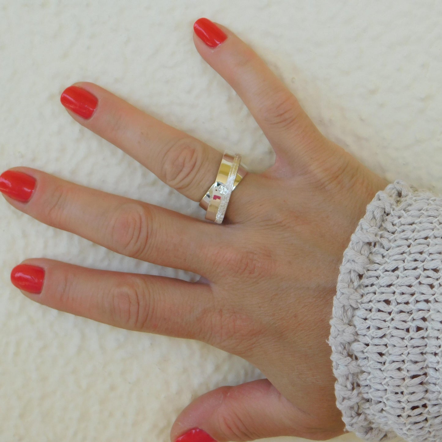 Wedding Band Ring Silver : Textured Detail, Double Band Silver AG 950