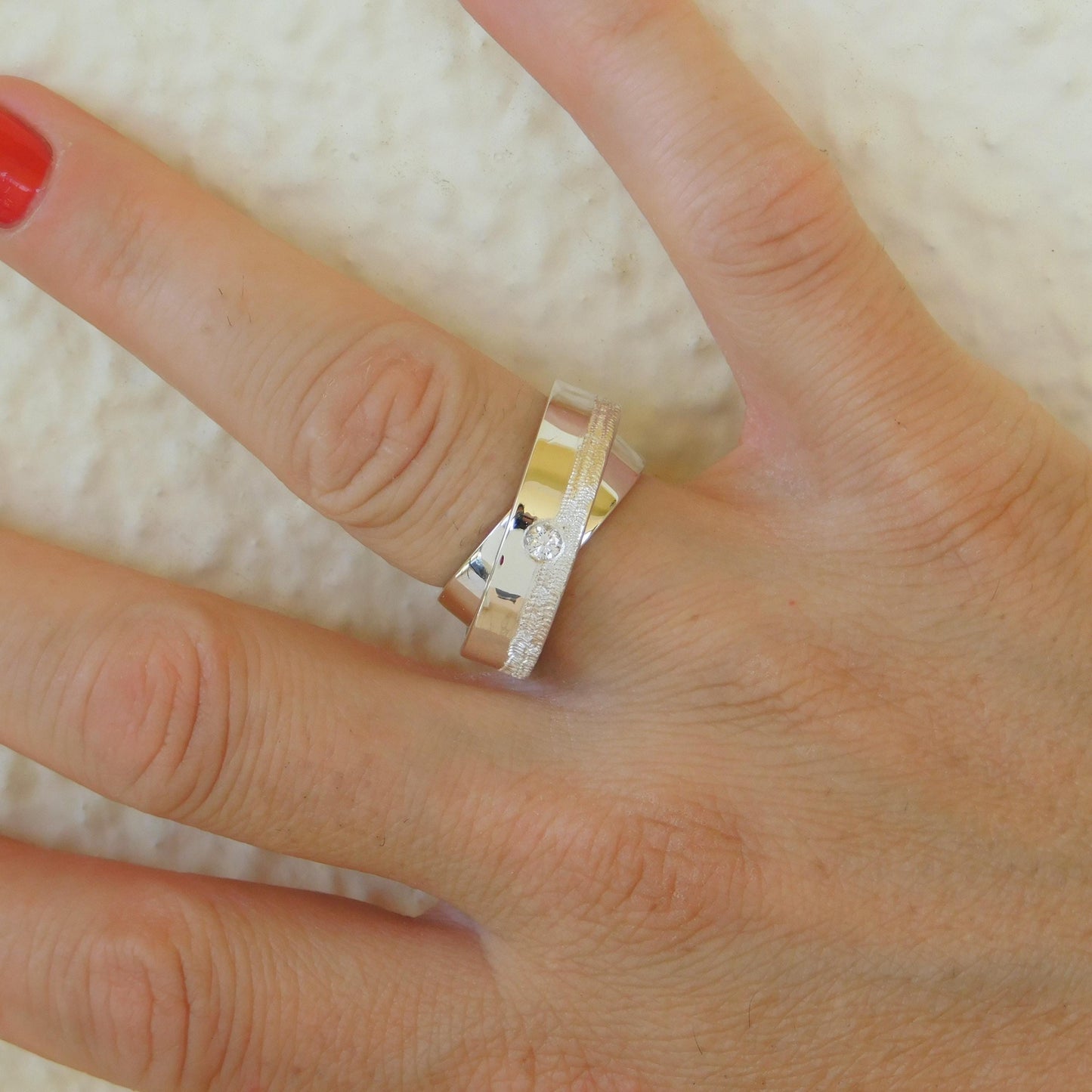 Wedding Band Ring Silver : Textured Detail, Double Band Silver AG 950