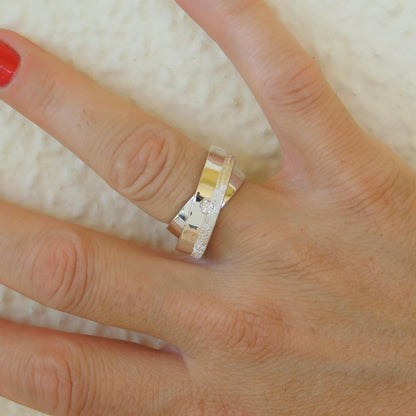Wedding Band Ring Silver : Textured Detail, Double Band Silver AG 950
