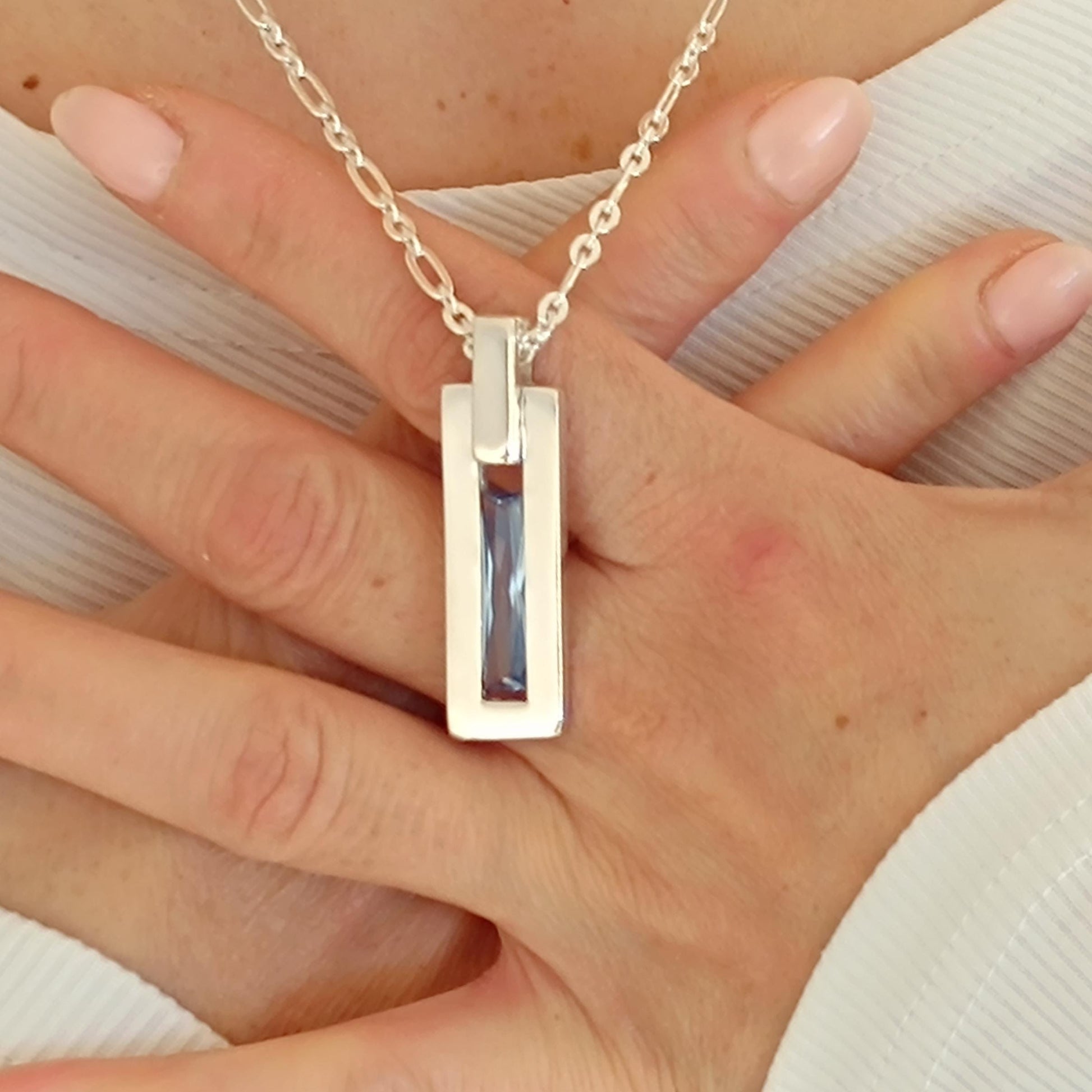 Gemstone Bar Necklace: Sea-Blue Baguette CZ, Minimalist Pendant, Sterling Silver chain