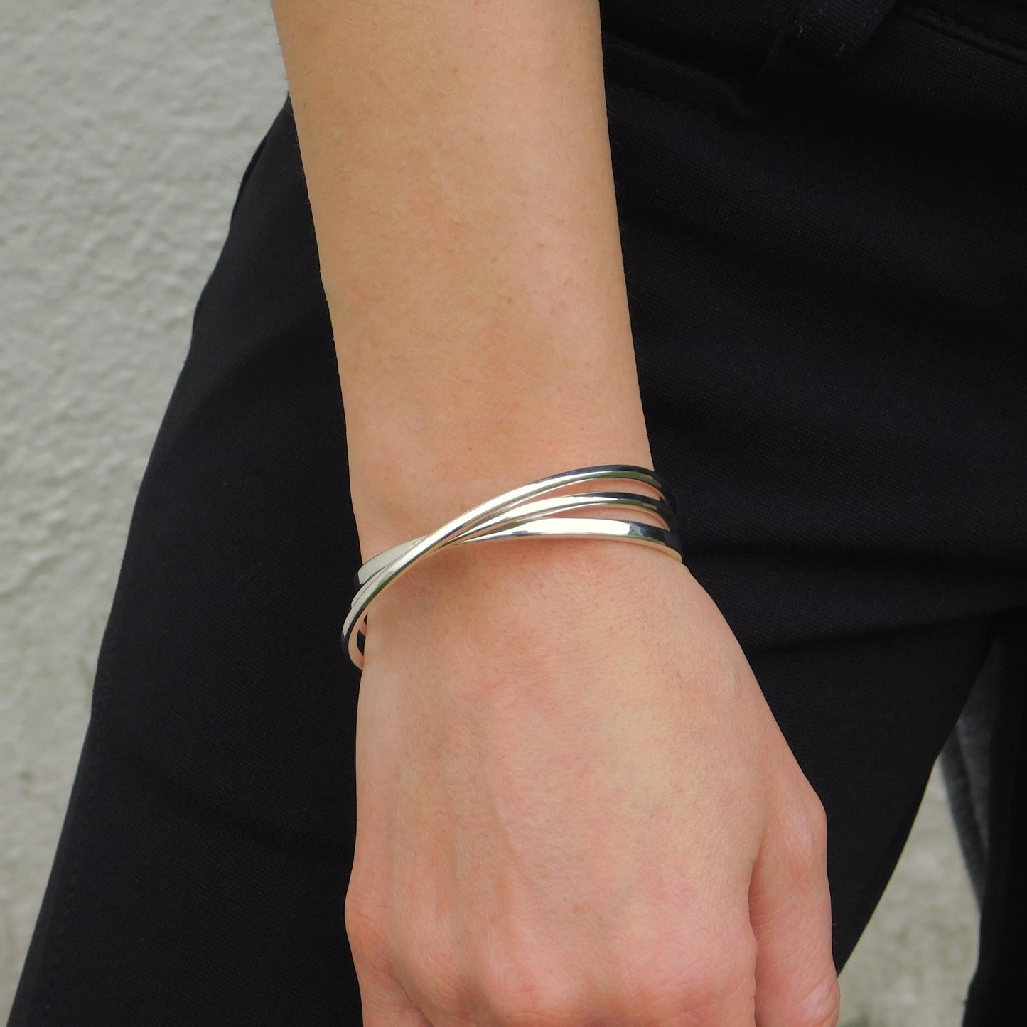 Triple Bracelet For Women: Multi Layer Wristlet, Modern Silver Cuff