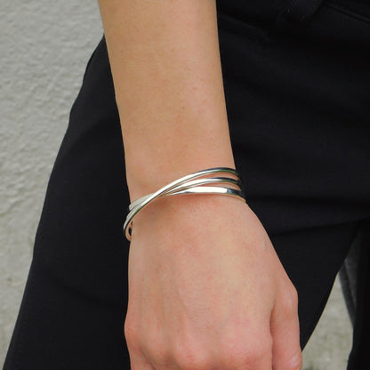 Triple Bracelet For Women: Multi Layer Wristlet, Modern Silver Cuff