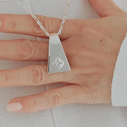 Geometric Pendant Necklace, Modern Minimalist Statement Necklace for Women, Architectural Silver Jewelry