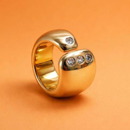 Wide Band Statement Ring: Gold Plated Wedding Ring, Cubic Zirconia
