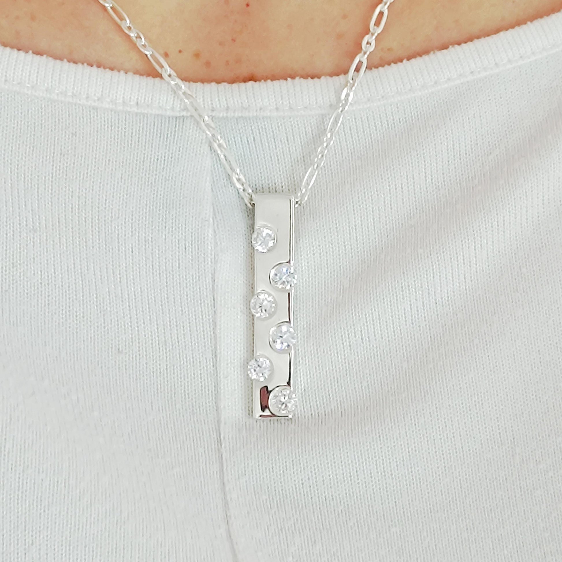 Multi gemstone Silver Bar Necklace, Modern Minimalist Pendant, Sparkling Gemstone Jewelry