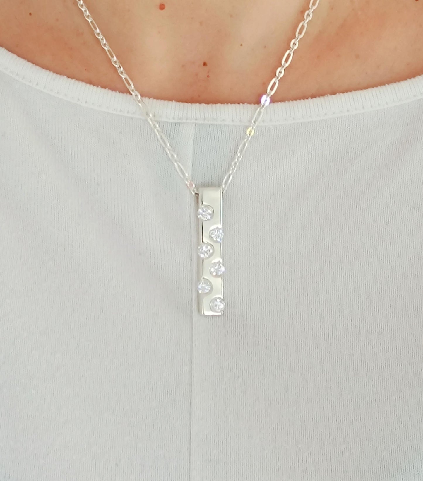 Multi gemstone Silver Bar Necklace, Modern Minimalist Pendant, Sparkling Gemstone Jewelry