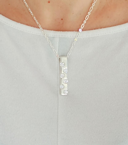 Multi gemstone Silver Bar Necklace, Modern Minimalist Pendant, Sparkling Gemstone Jewelry