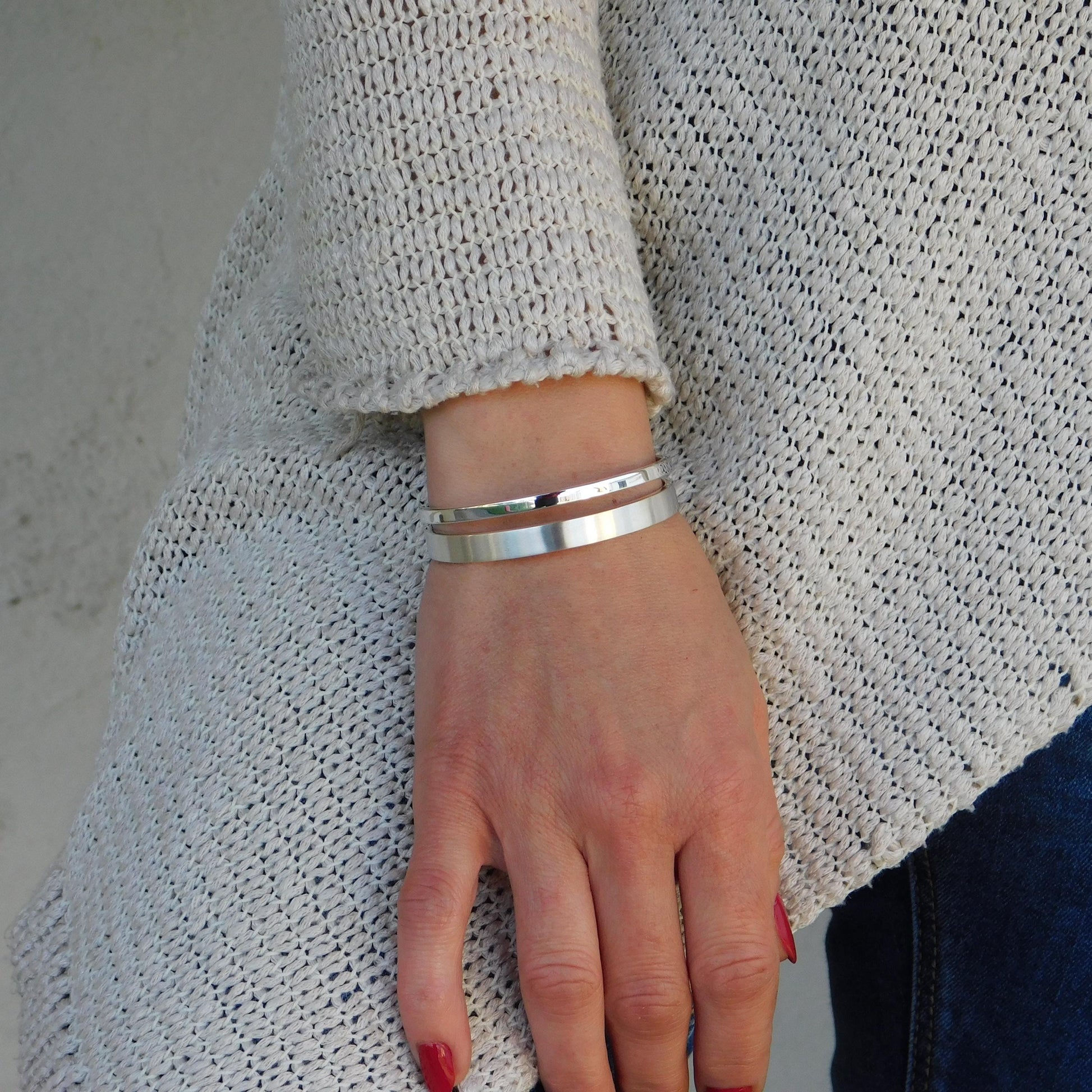 Minimalist Double Cuff Bracelet – AG950 Silver Brushed Bangle