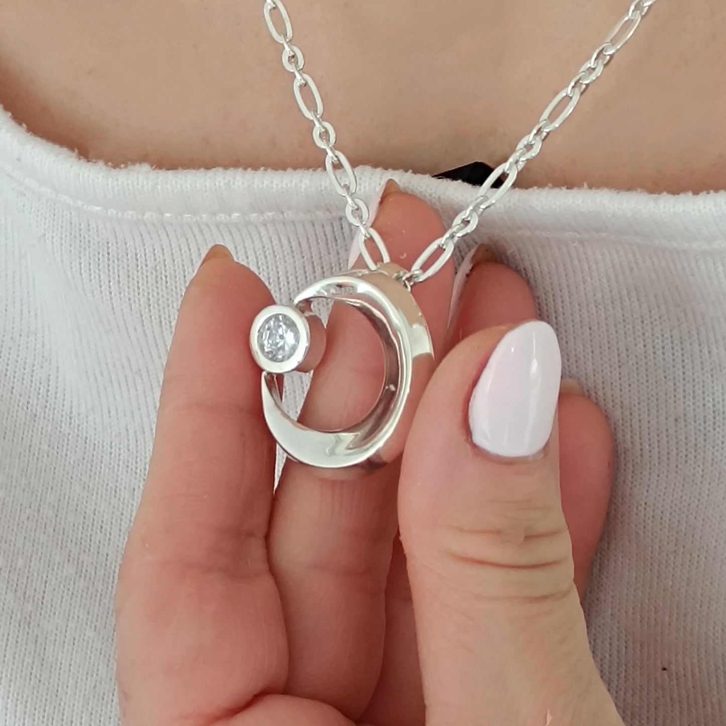 Silver Crescent Moon Necklace, 1ct Moissanite Pendant, Celestial Statement Jewelry