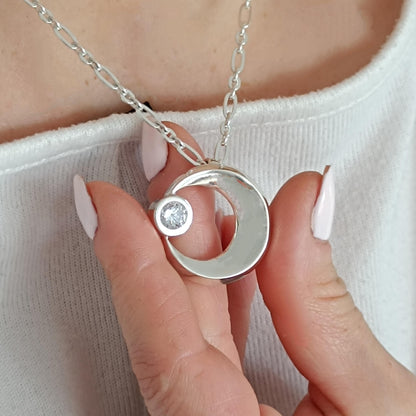 Silver Crescent Moon Necklace, 1ct Moissanite Pendant, Celestial Statement Jewelry