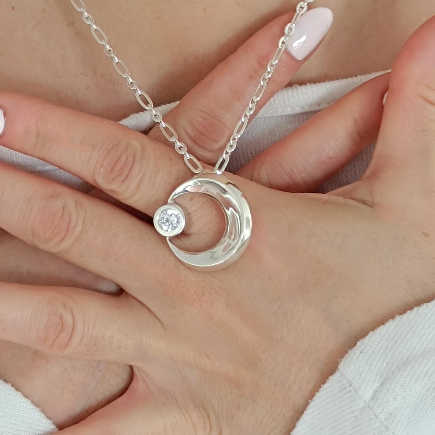 Silver Crescent Moon Necklace, 1ct Moissanite Pendant, Celestial Statement Jewelry