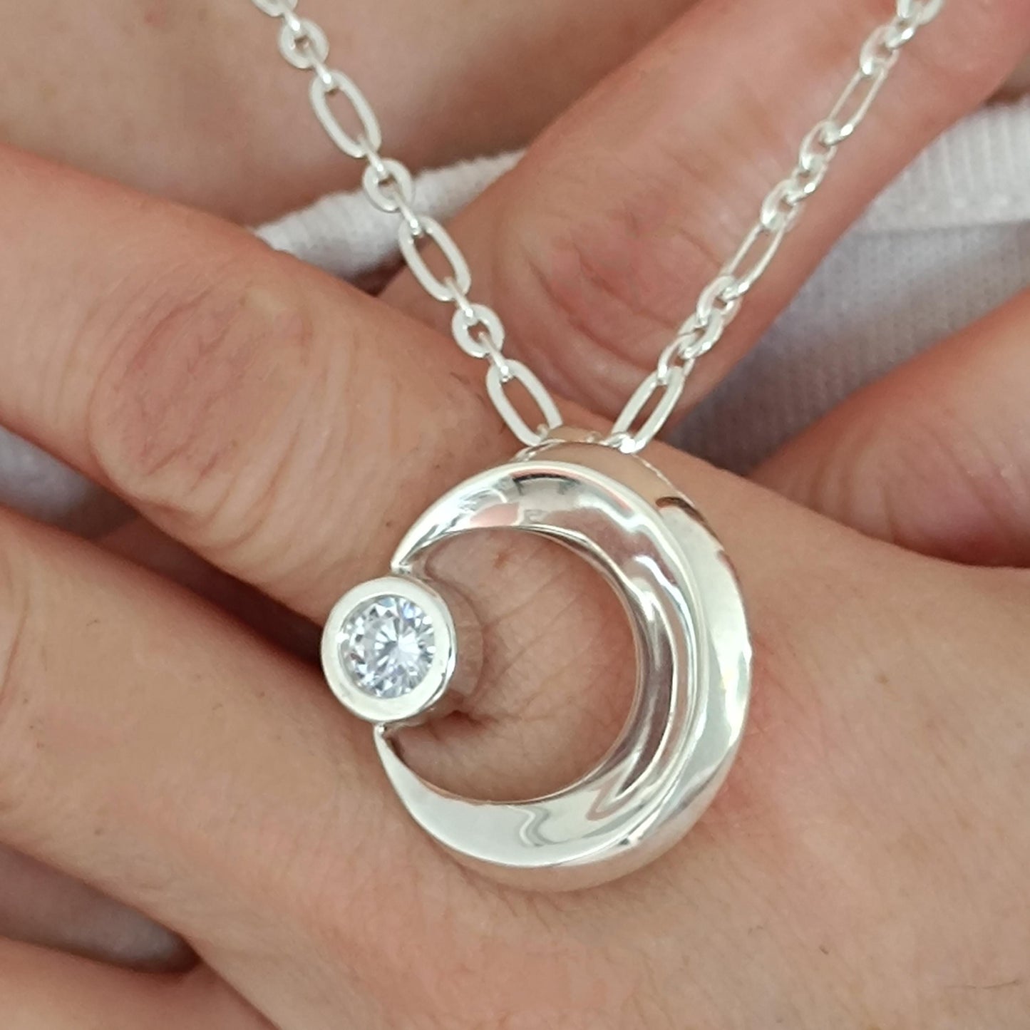 Silver Crescent Moon Necklace, 1ct Moissanite Pendant, Celestial Statement Jewelry