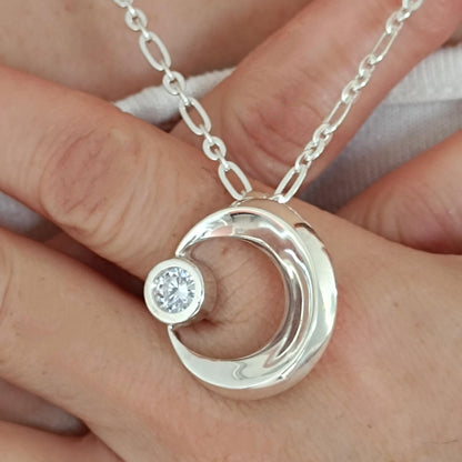 Silver Crescent Moon Necklace, 1ct Moissanite Pendant, Celestial Statement Jewelry