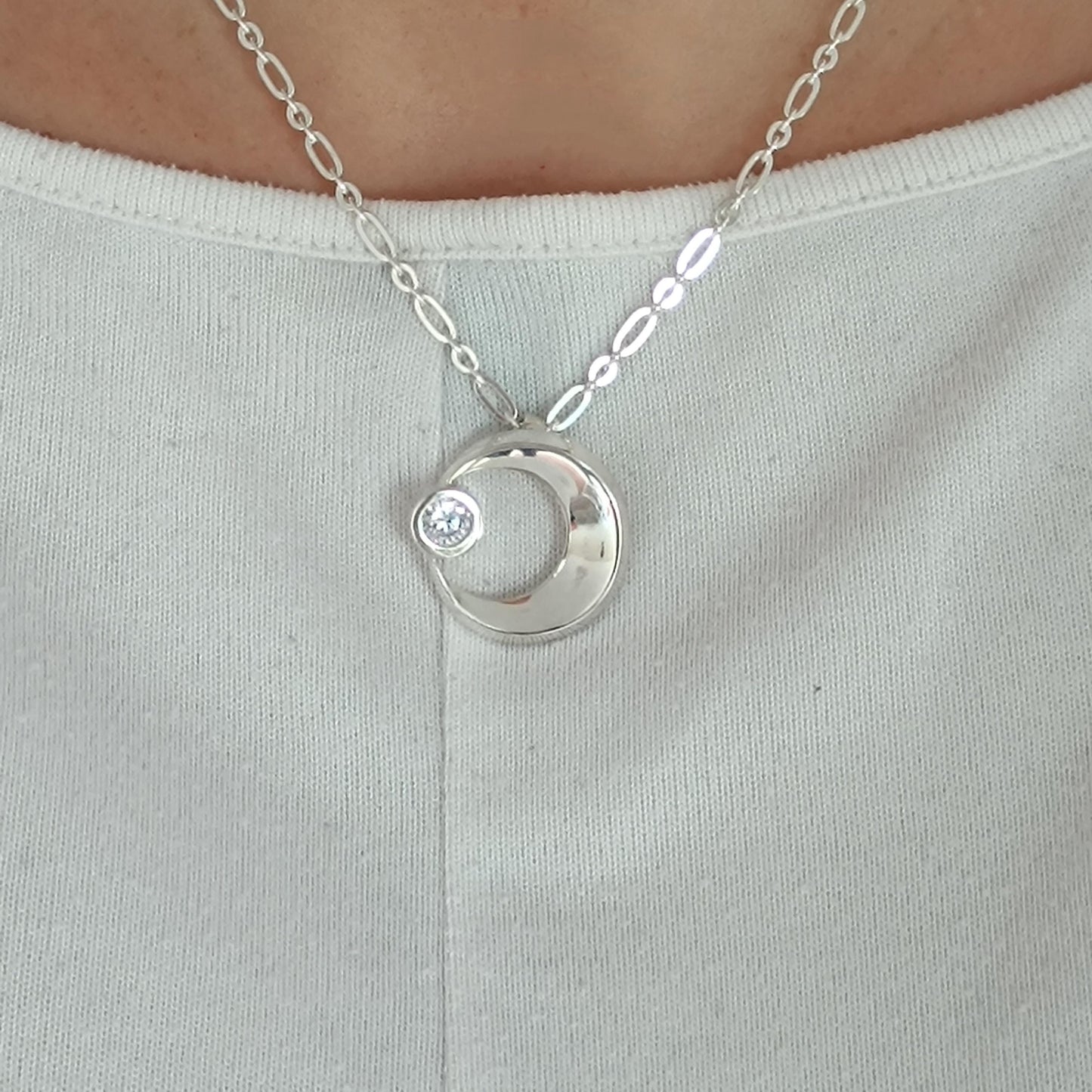 Silver Crescent Moon Necklace, 1ct Moissanite Pendant, Celestial Statement Jewelry