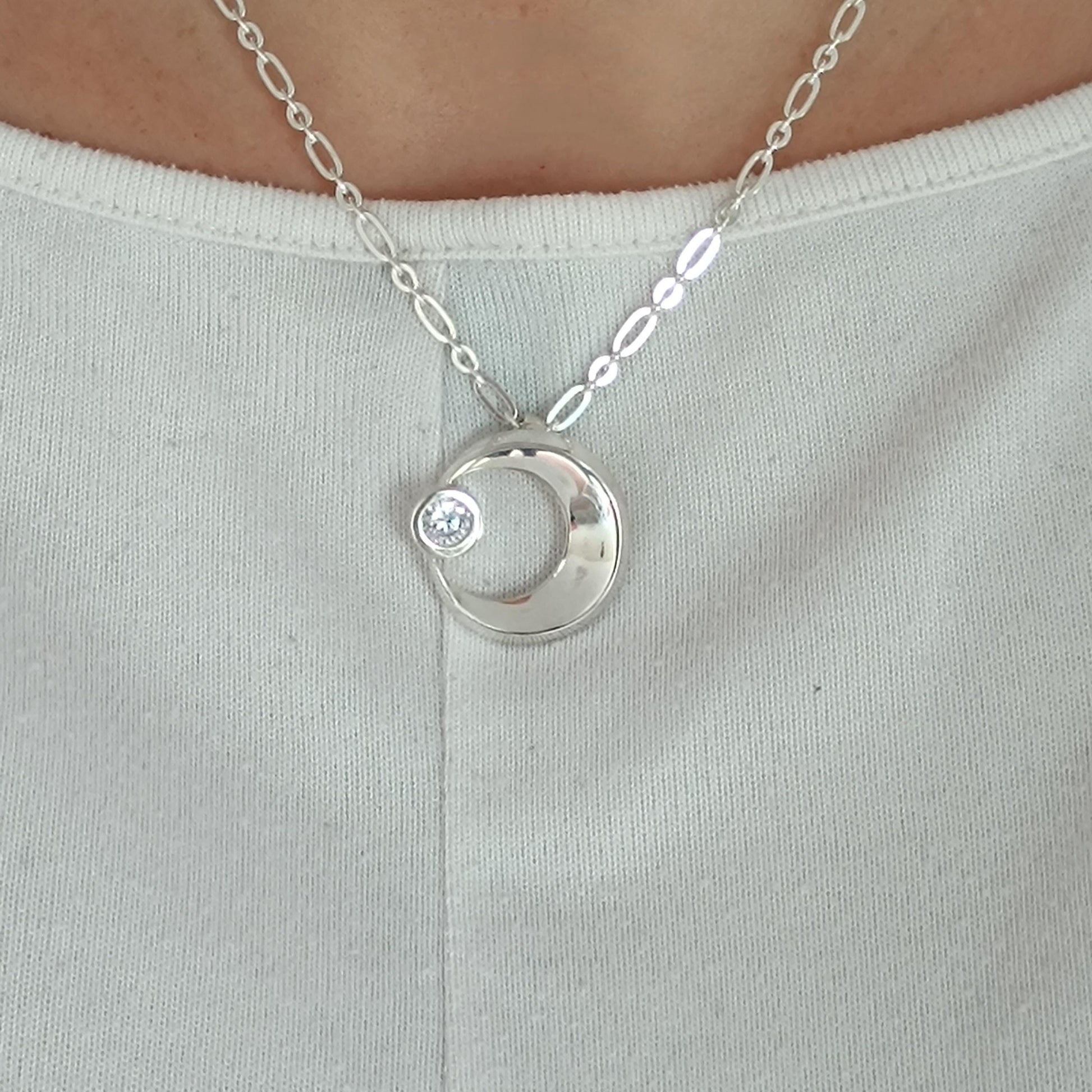 Silver Crescent Moon Necklace, 1ct Moissanite Pendant, Celestial Statement Jewelry