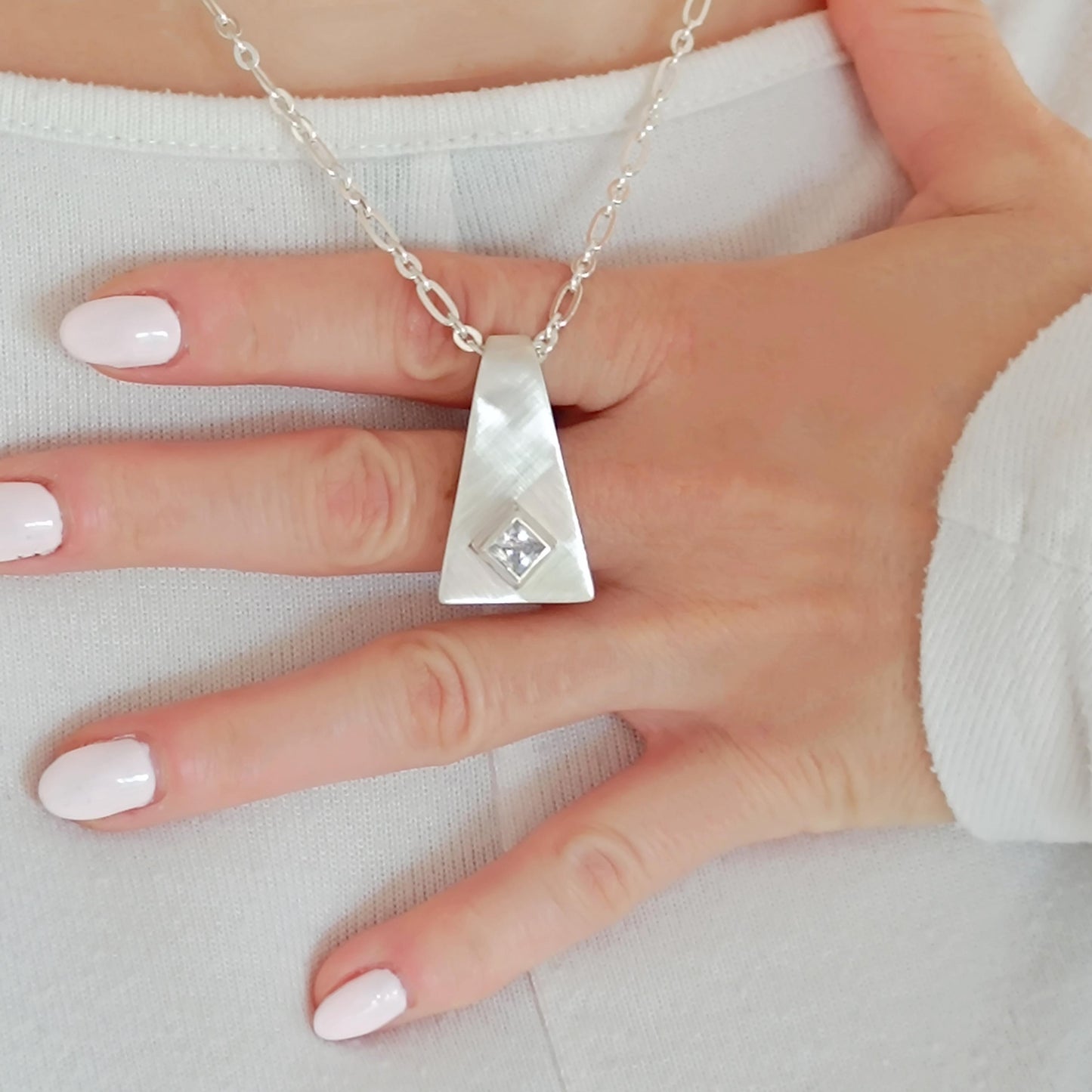 Silver 950 Geometric Pendant, Triangle Necklace, Brushed Finish, Princess Cut Cubic Zirconia