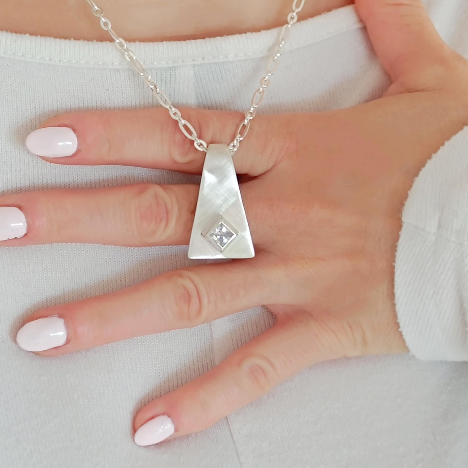 Silver 950 Geometric Pendant, Triangle Necklace, Brushed Finish, Princess Cut Cubic Zirconia