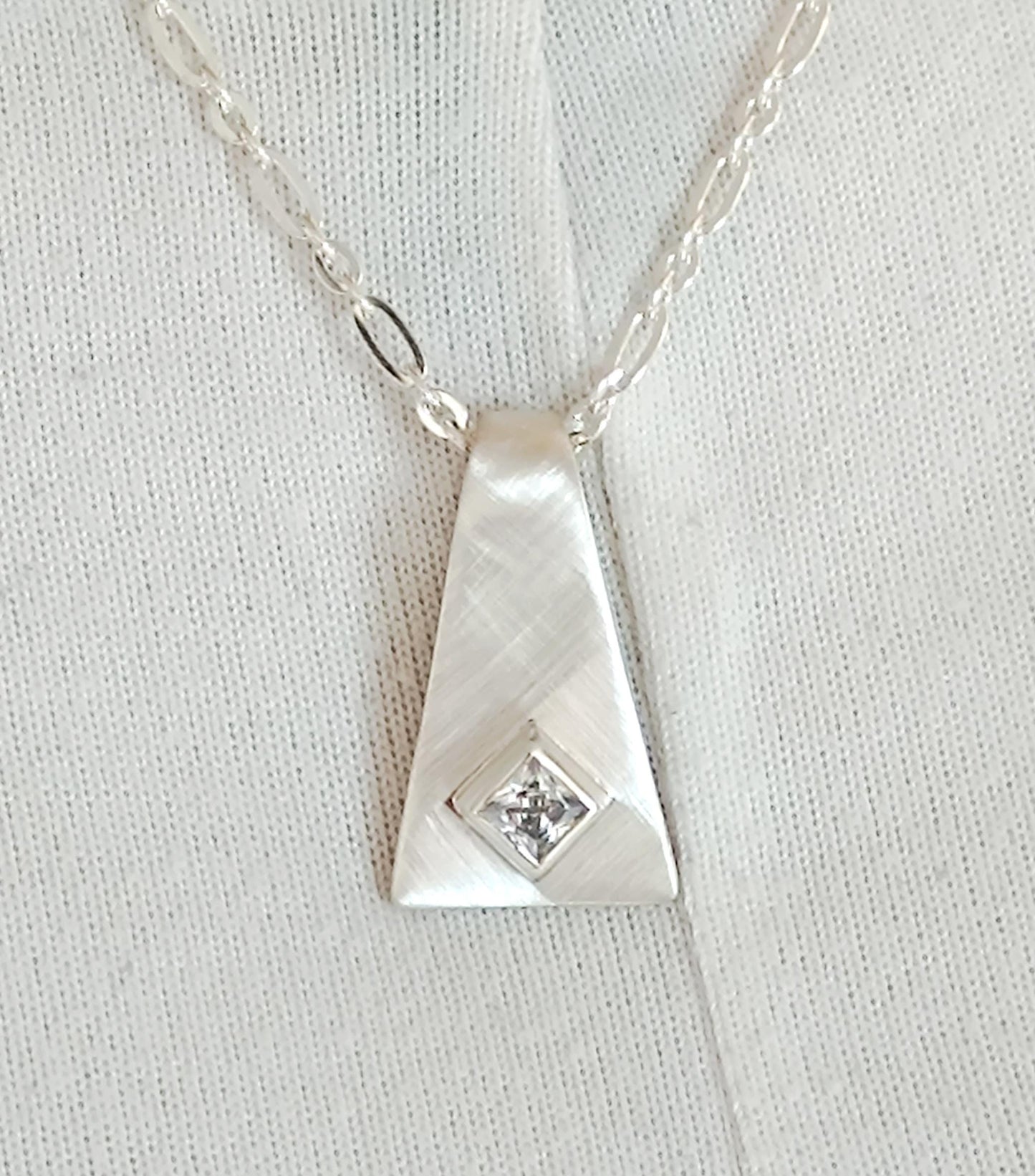 Silver 950 Geometric Pendant, Triangle Necklace, Brushed Finish, Princess Cut Cubic Zirconia