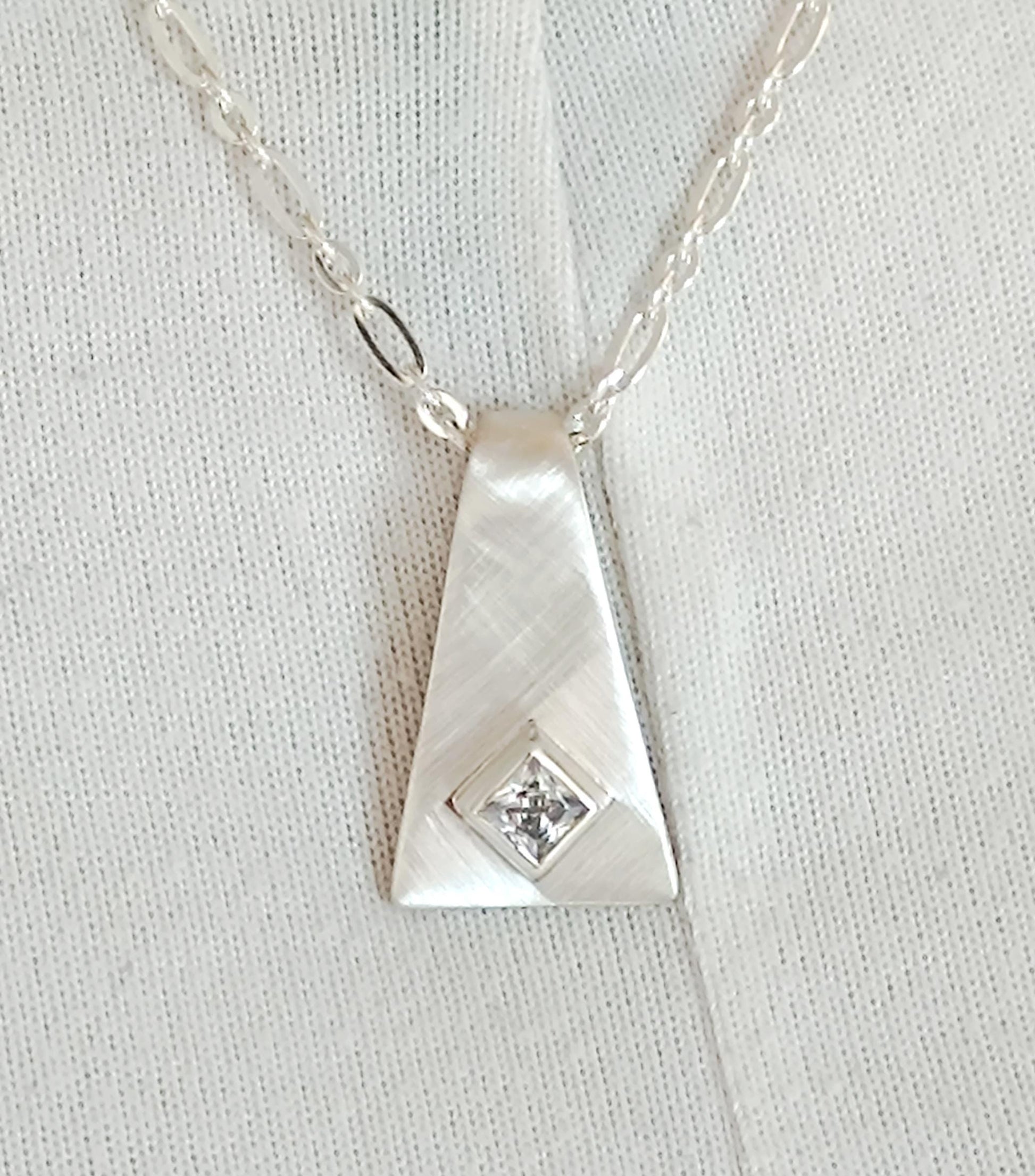 Silver 950 Geometric Pendant, Triangle Necklace, Brushed Finish, Princess Cut Cubic Zirconia