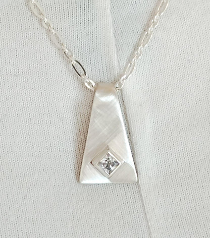 Silver 950 Geometric Pendant, Triangle Necklace, Brushed Finish, Princess Cut Cubic Zirconia