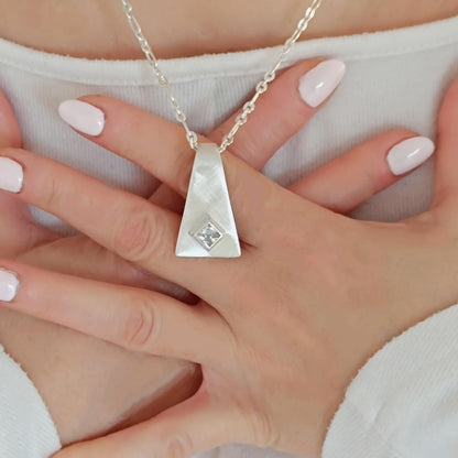 Silver 950 Geometric Pendant, Triangle Necklace, Brushed Finish, Princess Cut Cubic Zirconia
