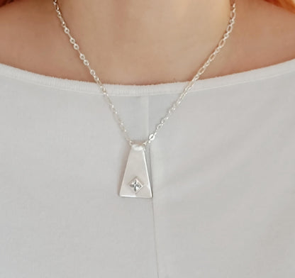 Silver 950 Geometric Pendant, Triangle Necklace, Brushed Finish, Princess Cut Cubic Zirconia