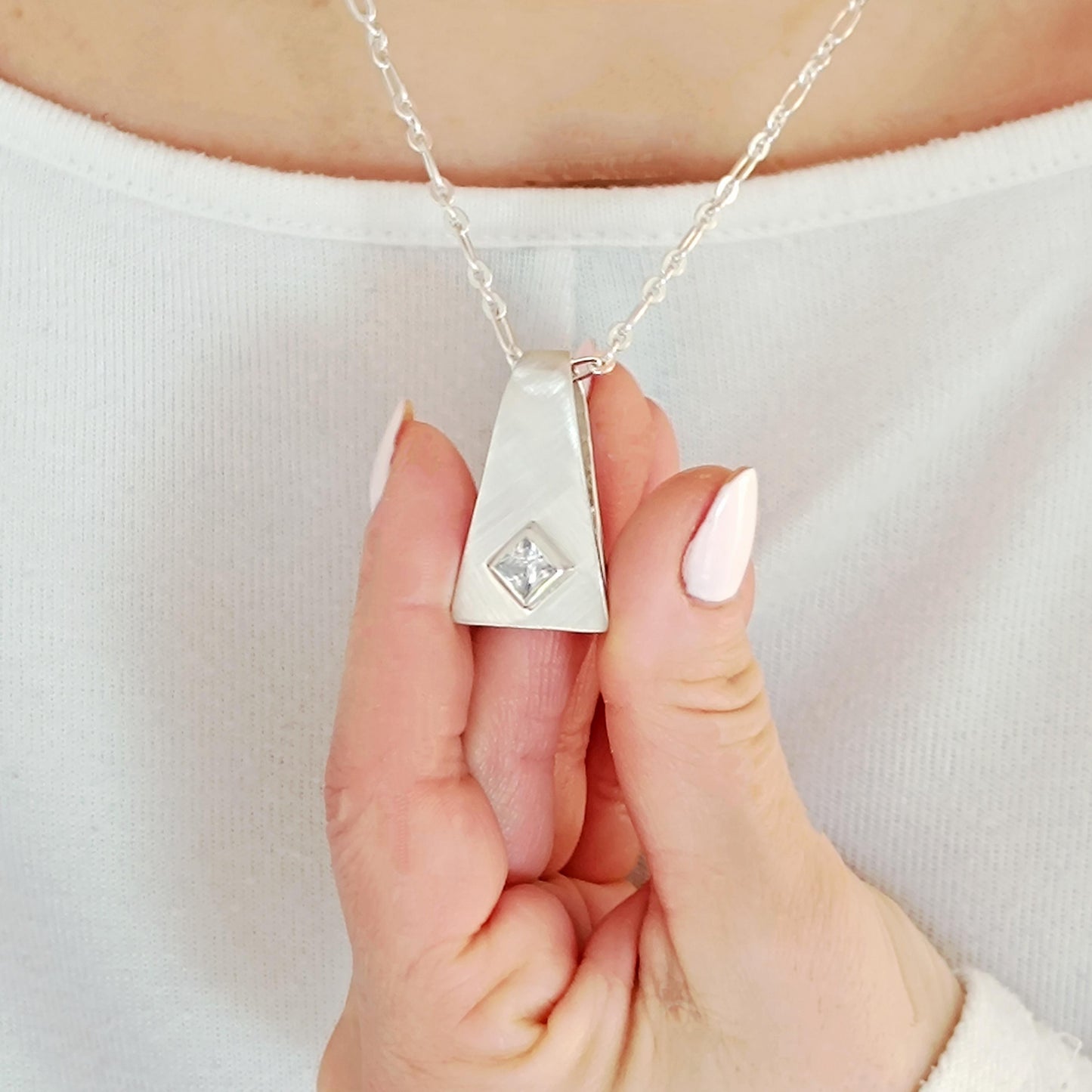 Silver 950 Geometric Pendant, Triangle Necklace, Brushed Finish, Princess Cut Cubic Zirconia