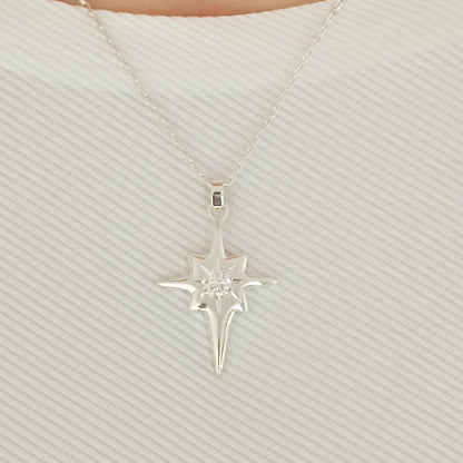 Moissanite Star Cross Pendant, Silver 950 Celestial Necklace, Minimalist Luxury Jewelry