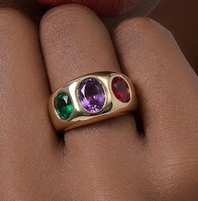 Statement Ring For Women: Gipsy Art design, Multi Color Gemstones, Dome Band Gold Plated
