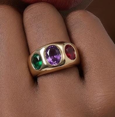 Statement Ring For Women: Gipsy Art design, Multi Color Gemstones, Dome Band Gold Tone
