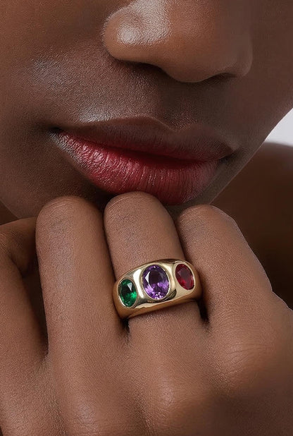 Statement Ring For Women: Gipsy Art design, Multi Color Gemstones, Dome Band Gold Plated