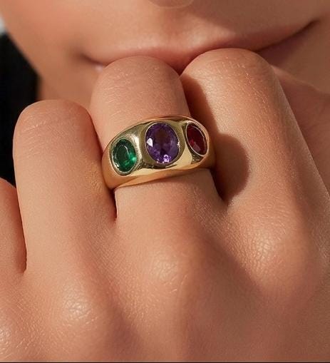 Statement Ring For Women: Gipsy Art design, Multi Color Gemstones, Dome Band Gold Plated