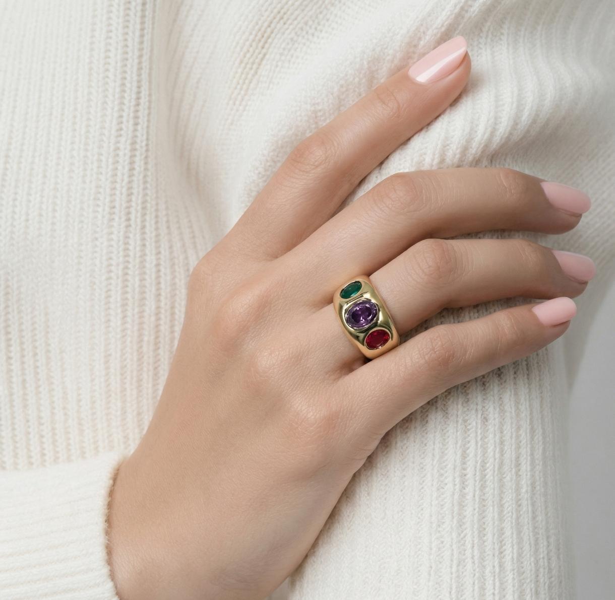 Statement Ring For Women: Gipsy Art design, Multi Color Gemstones, Dome Band Gold Plated