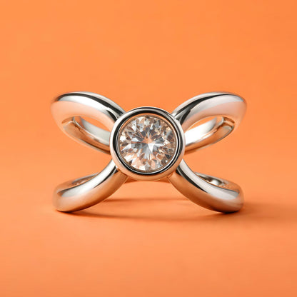 Engagement Ring For Women: Asymmetrical Design, Palladium Coated Silver With Moissanite