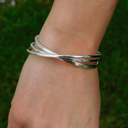 Triple Bracelet For Women: Multi Layer Wristlet, Modern Silver Cuff