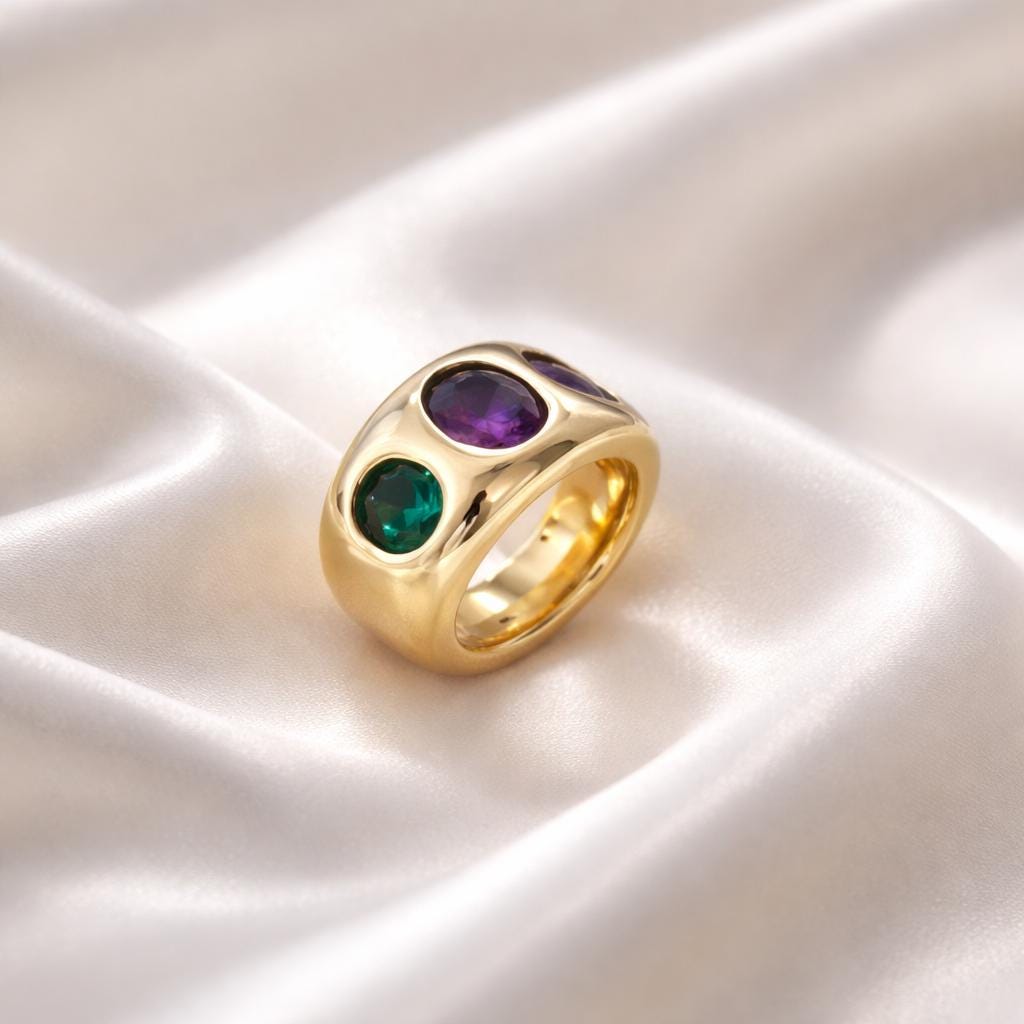 Statement Ring For Women: Gipsy Art design, Multi Color Gemstones, Dome Band Gold Plated