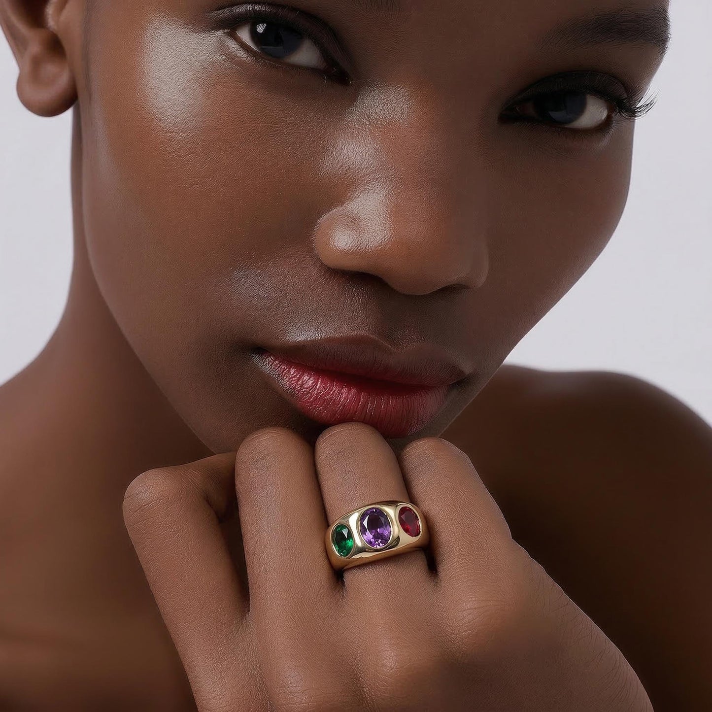 Statement Ring For Women: Gipsy Art design, Multi Color Gemstones, Dome Band Gold Plated
