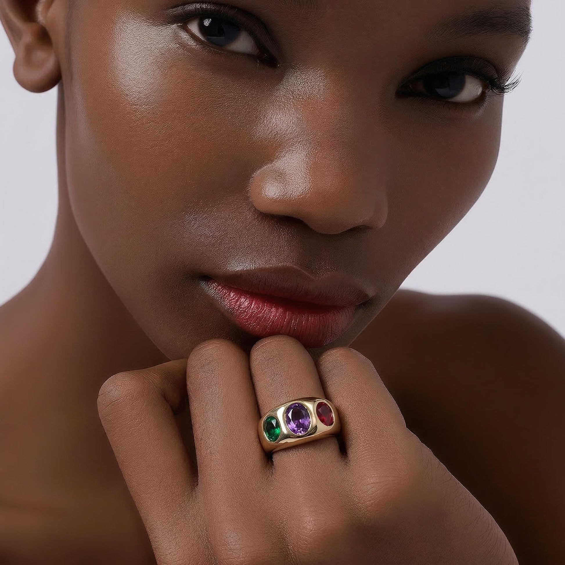 Statement Ring For Women: Gipsy Art design, Multi Color Gemstones, Dome Band Gold Plated