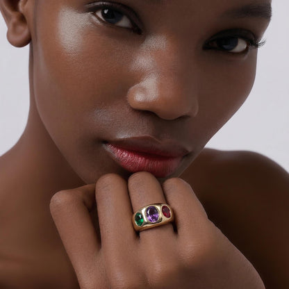 Statement Ring For Women: Gipsy Art design, Multi Color Gemstones, Dome Band Gold Plated