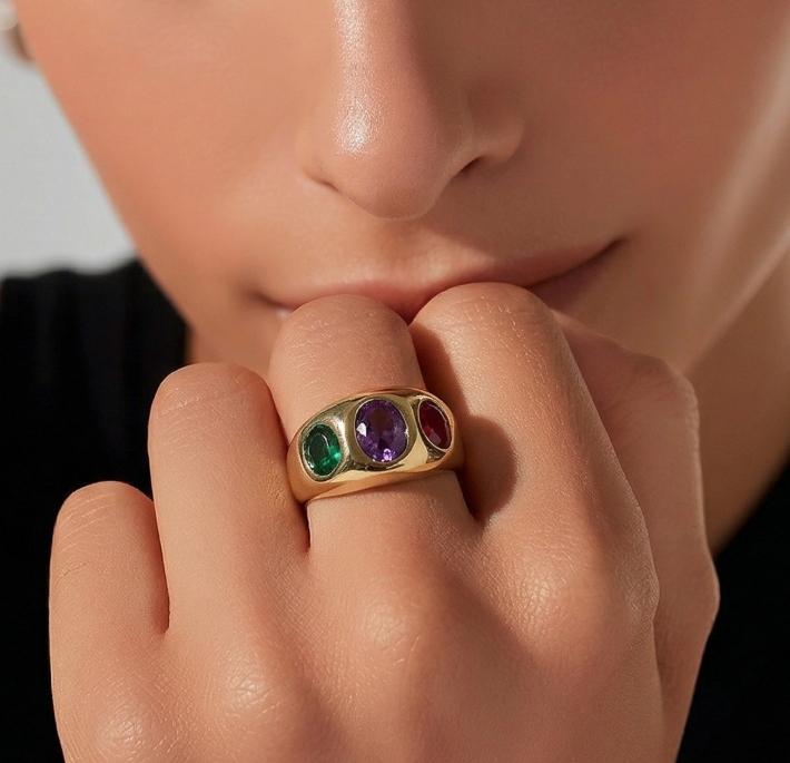 Statement Ring For Women: Gipsy Art design, Multi Color Gemstones, Dome Band Gold Plated