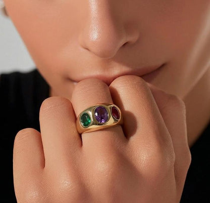Statement Ring For Women: Gipsy Art design, Multi Color Gemstones, Dome Band Gold Plated