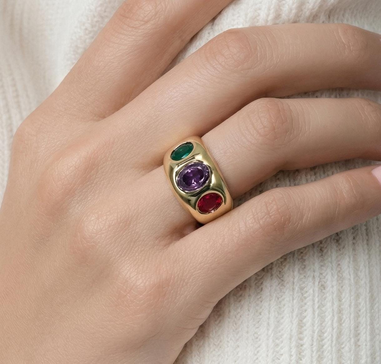Statement Ring For Women: Gipsy Art design, Multi Color Gemstones, Dome Band Gold Plated