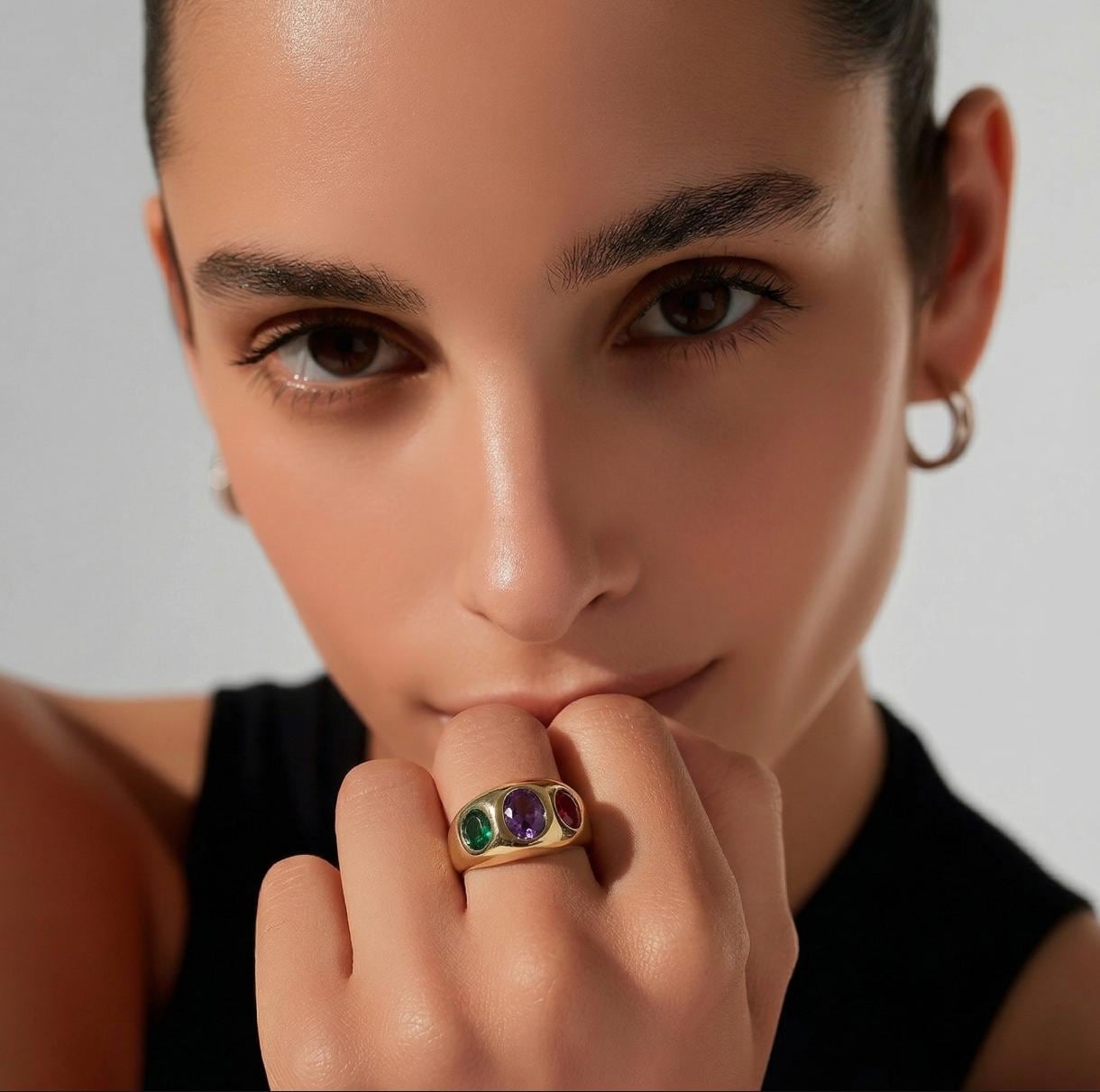 Statement Ring For Women: Gipsy Art design, Multi Color Gemstones, Dome Band Gold Plated