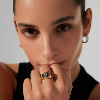 Statement Ring For Women: Gipsy Art design, Multi Color Gemstones, Dome Band Gold Plated