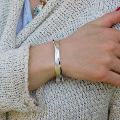 Brushed Cuff Bracelet for Women: Modern Wristlet, Double Bangle Gold Plated or Silver