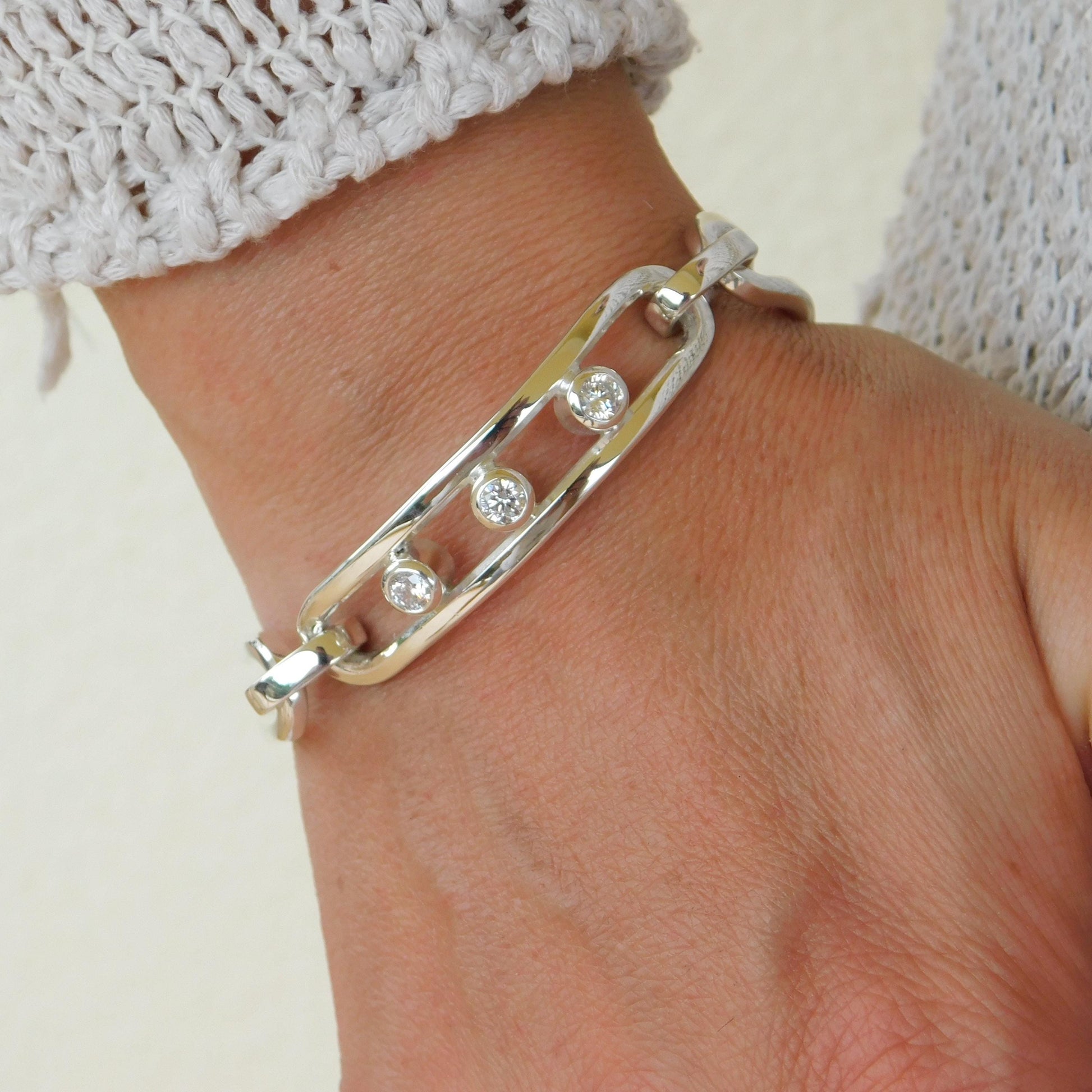 Large Linked Bracelet, Link Cuff Wristlet with Moissanites