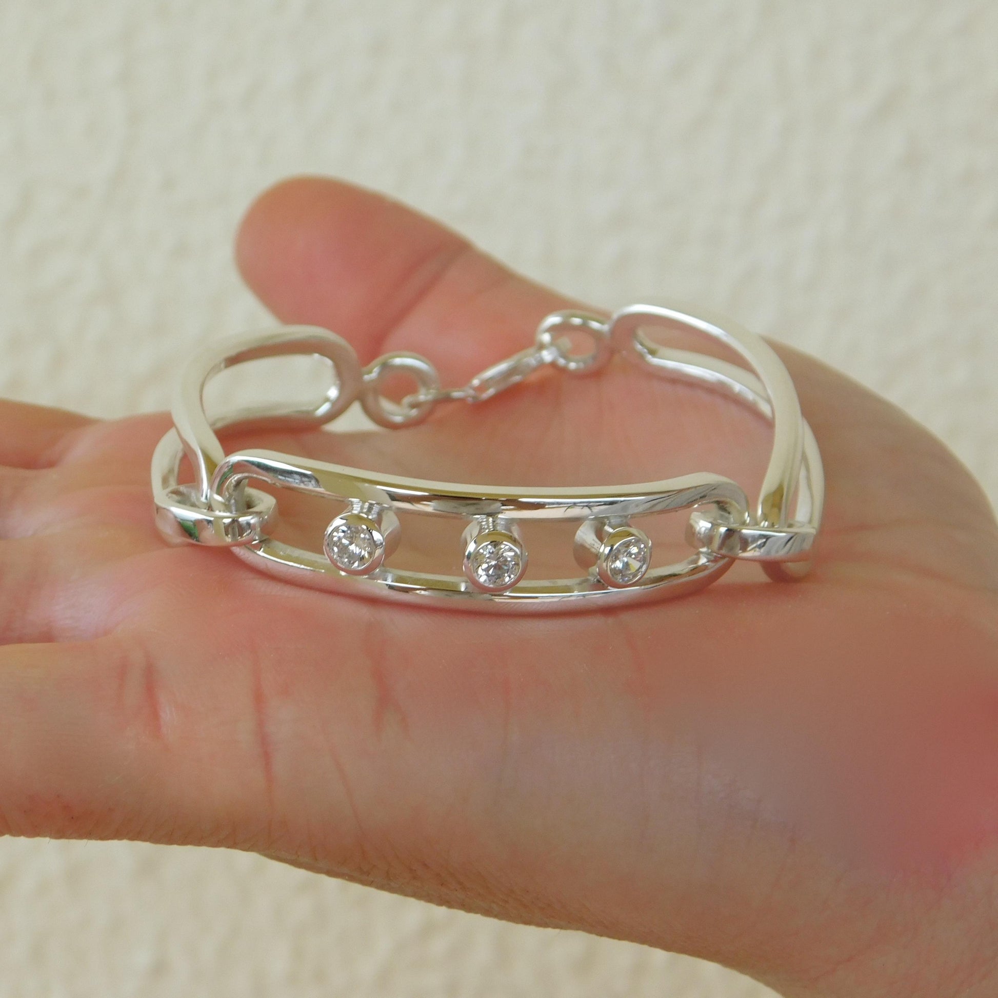 Large Linked Bracelet, Link Cuff Wristlet with Moissanites