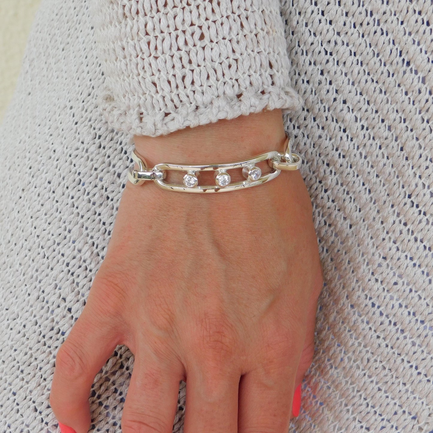 Large Linked Bracelet, Link Cuff Wristlet with Moissanites