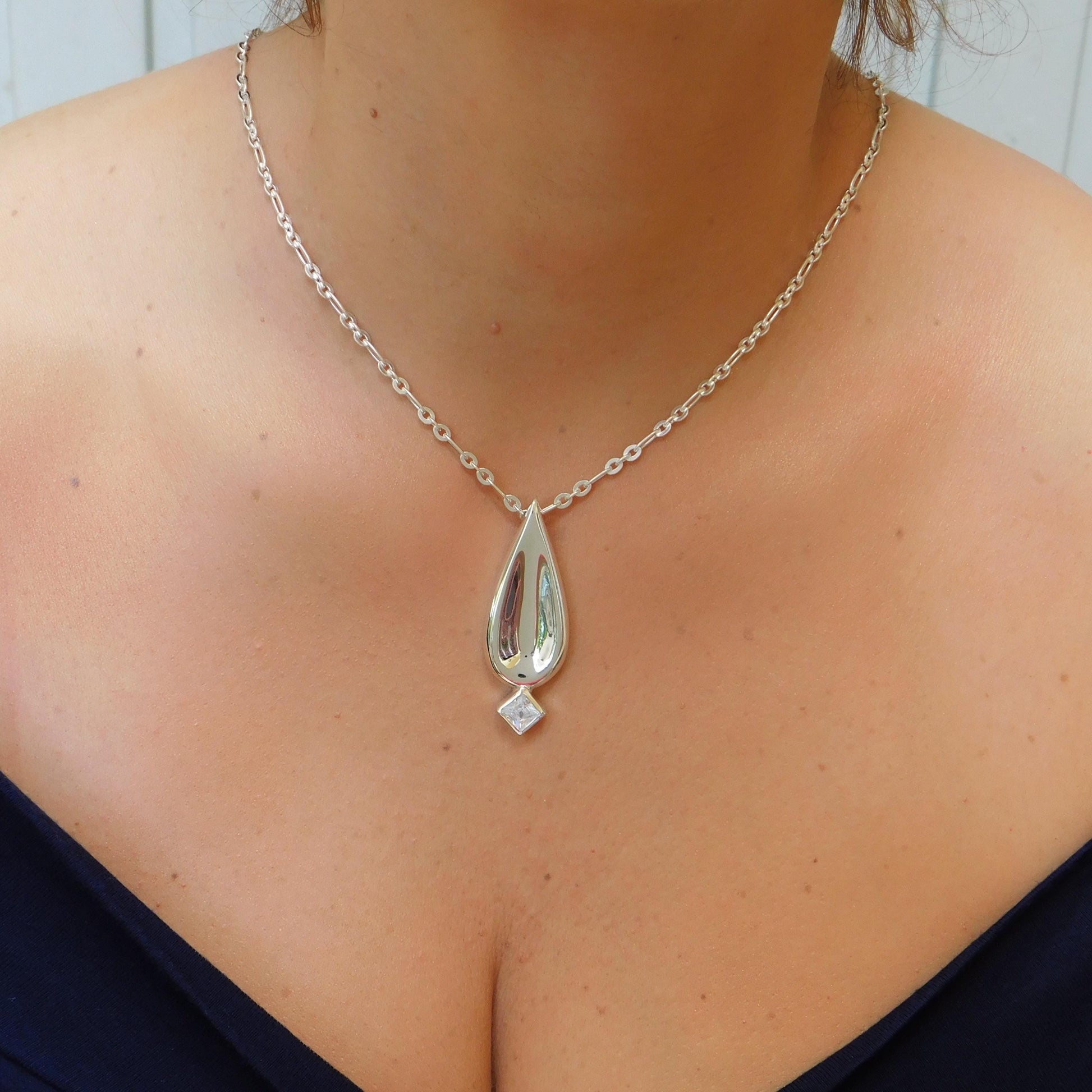 Drop Necklace, Princess cut Moissanite, Minimalist Pendant Silver AG950, Luxury Chain